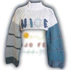 Blues/Whites "NICE" Reversible, Crop Sweater, Loose Fit, HandmadeByMe, OBO